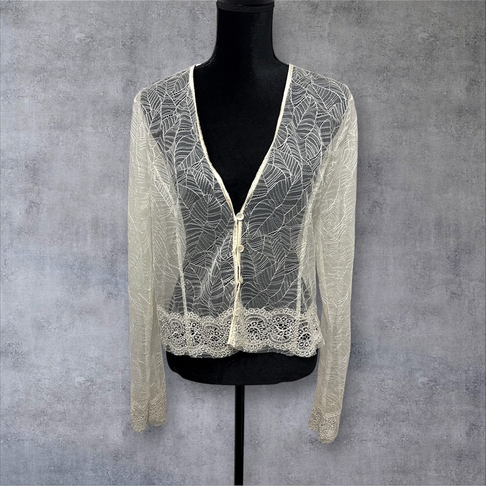 Nigel Preston for Free People Cardigan Womens L Cream Sheer Lace Leaf Boho